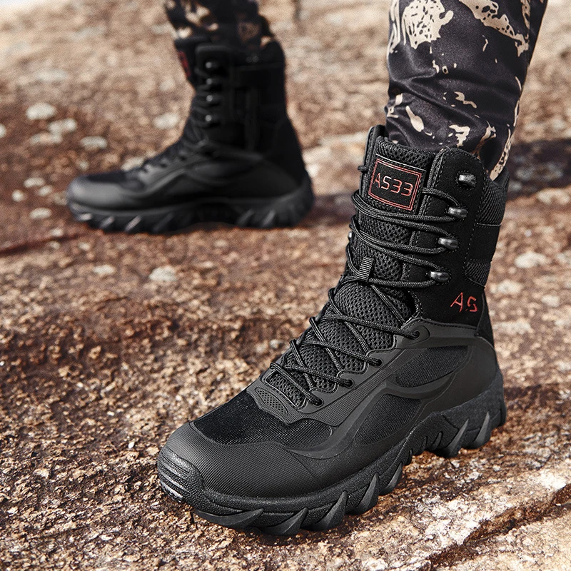 Bottes tactiques mi-mollet respirantes camouflage en cuir véritable pour l'alpinisme en extérieur, imperméables, semelle en caoutchouc